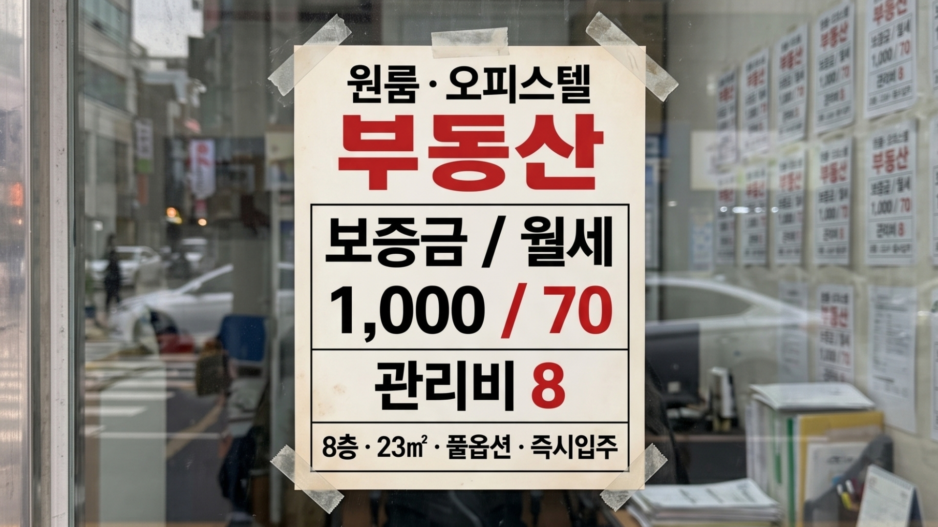 A Seoul estate agent's window sign advertising a one-room flat: deposit 1,000, monthly rent 70, management fee 8