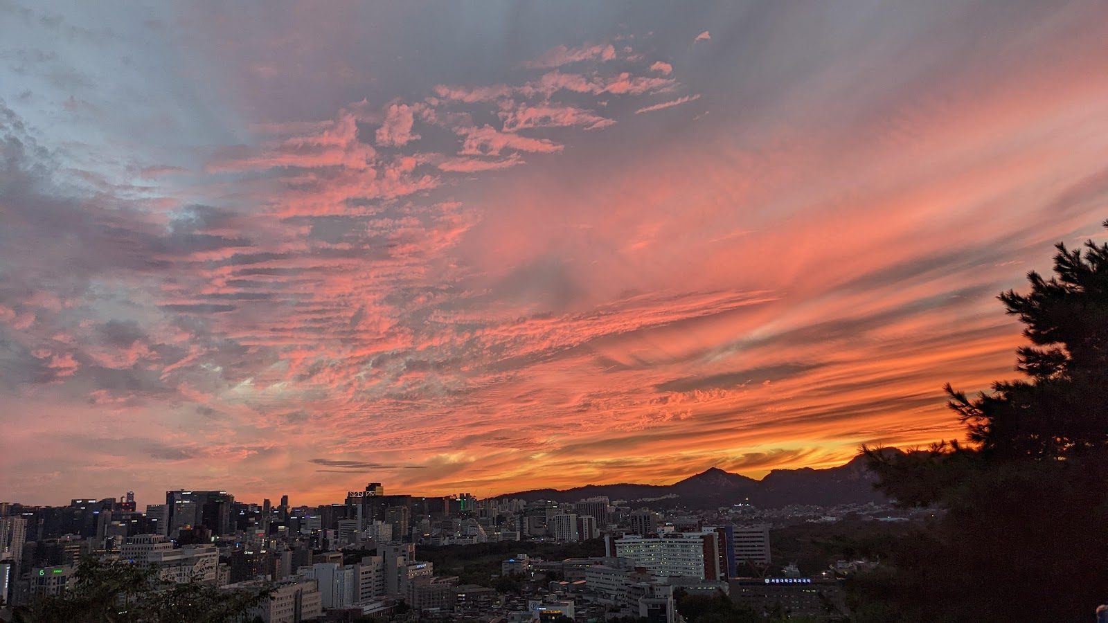 A pink and orange sunset over Seoul's hills