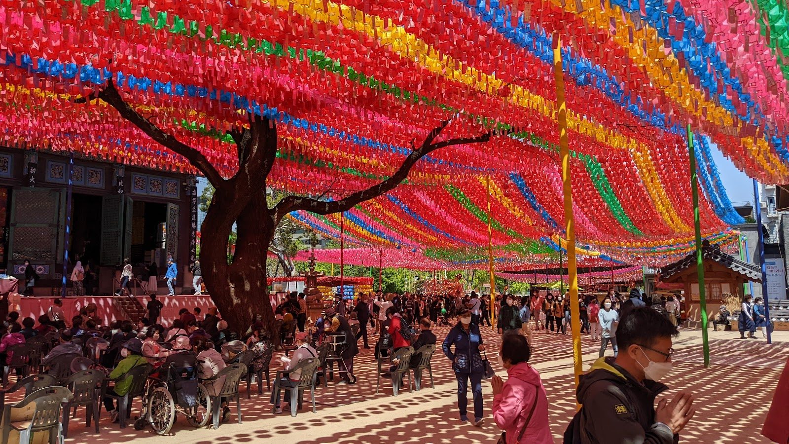 Rows of colourful paper lanterns hung above a temple courtyard in Seoul