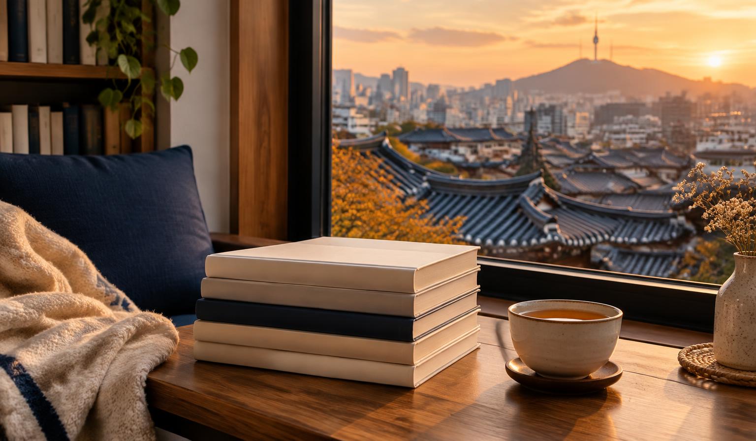 A stack of plain books and a cup of tea on a window seat overlooking hanok rooftops and N Seoul Tower at sunset