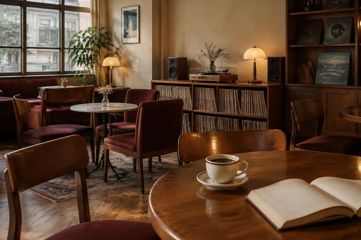 Wooden dabang-style room with records, a turntable, coffee and an open book