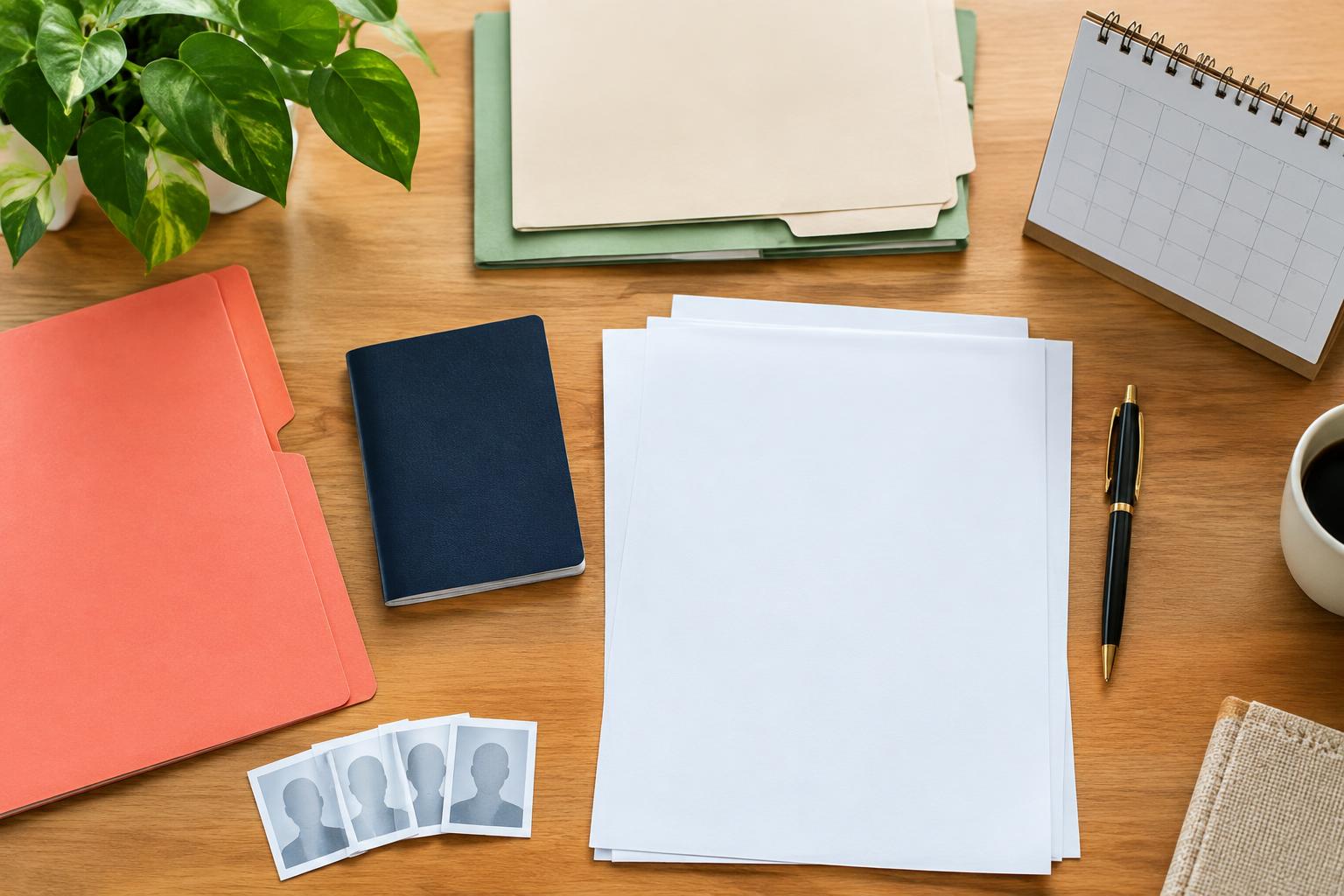 Organised document folders, blank sheets, passport-style booklet and calendar