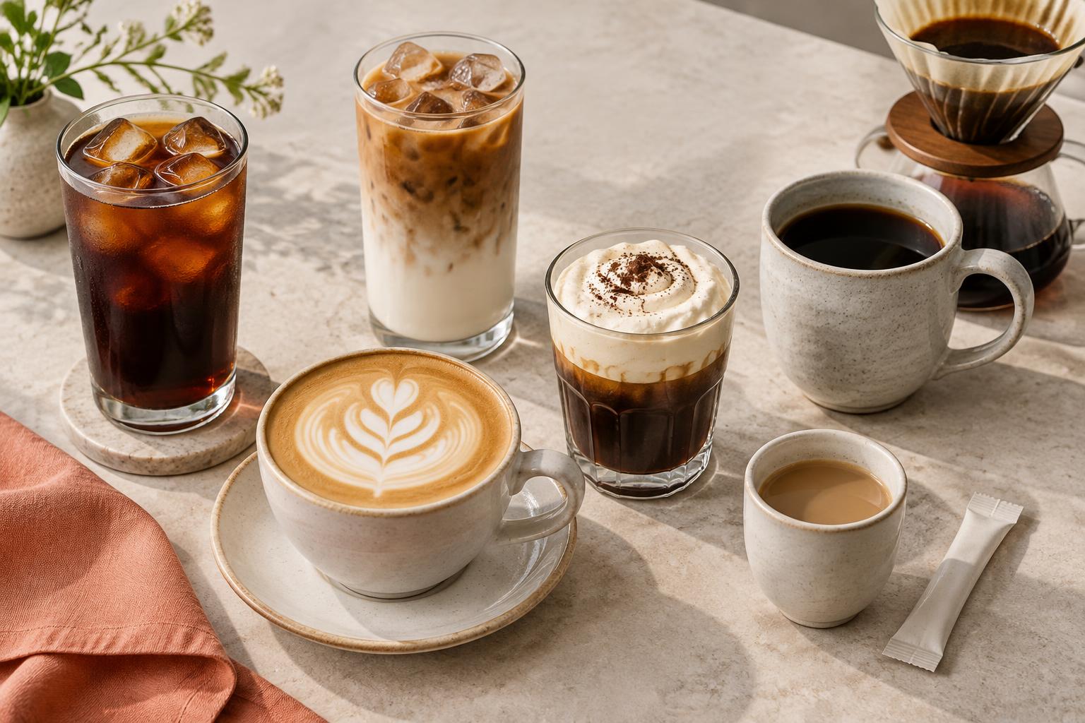 Tasting table with iced black coffee, two milk coffees, cream-topped coffee, filter coffee and a small instant coffee cup