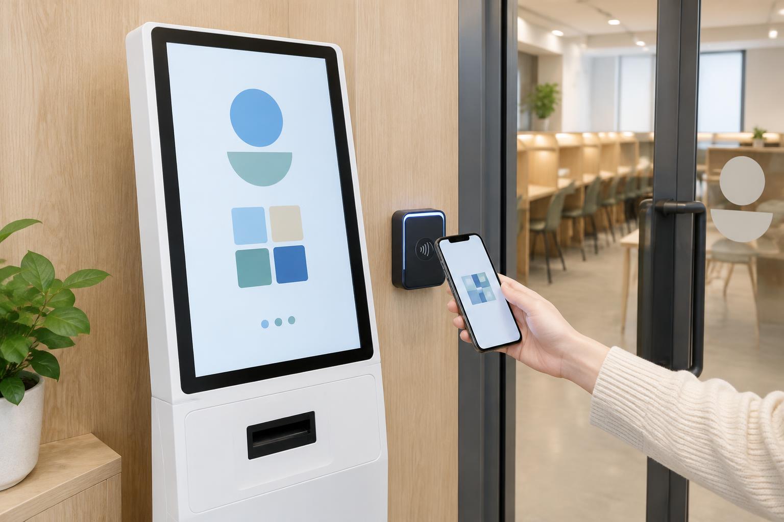 Entry kiosk and contactless scanner beside a study-space door
