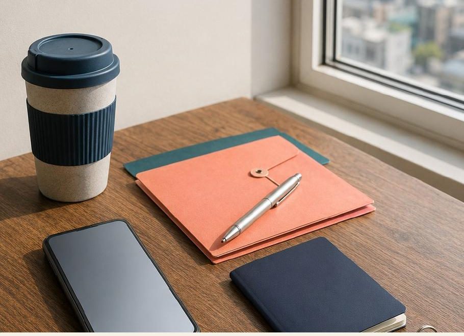 A coffee cup, phone, passport and orange document folder on a desk by a window overlooking Seoul