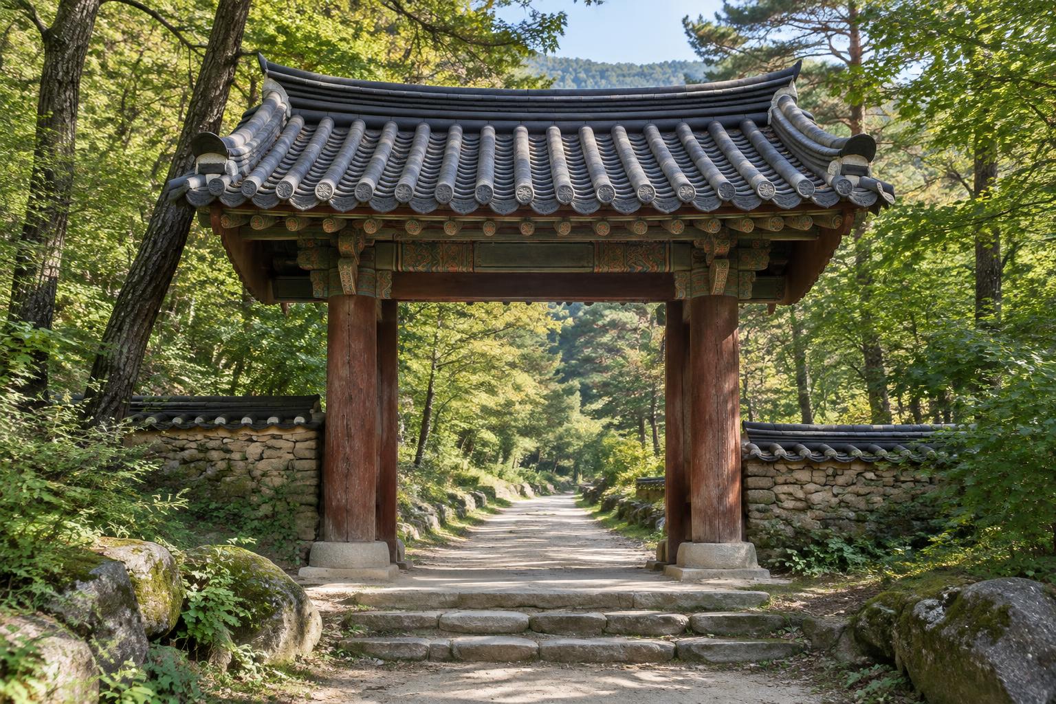 Korean temple gateway with timber pillars and forest beyond