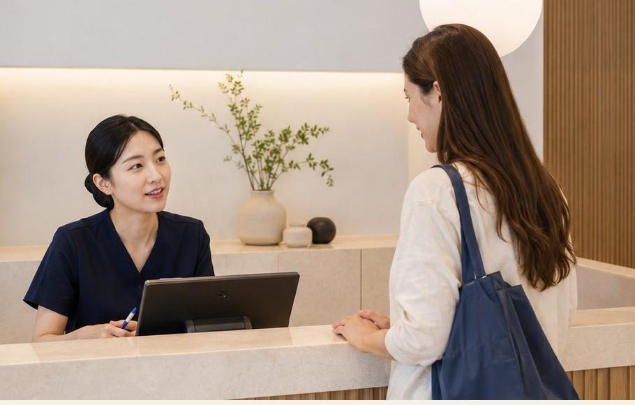 A patient speaking with a receptionist at a calm Seoul clinic