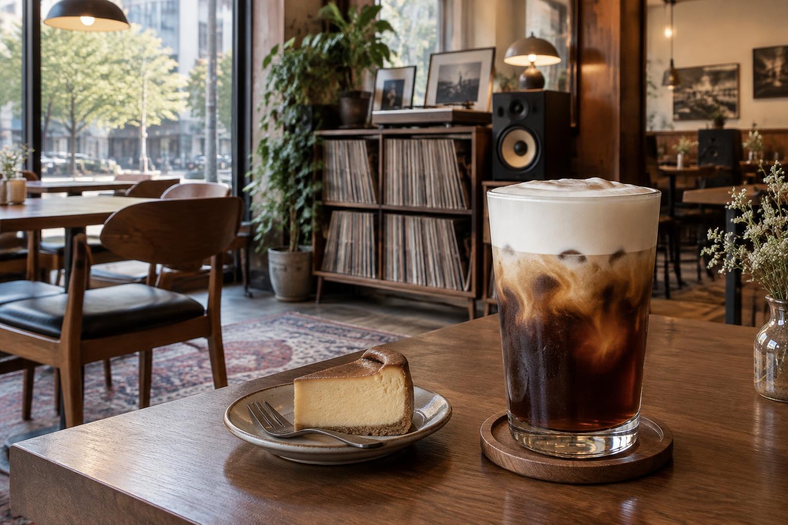 Retro Seoul-style coffeehouse with cream-topped iced coffee, cheesecake, wooden furniture and records