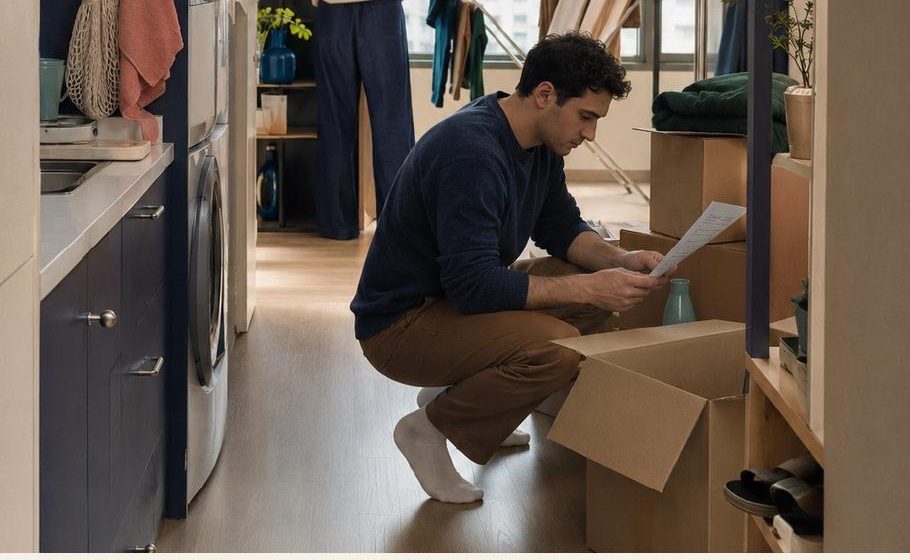 A man unpacking moving boxes in a compact Seoul apartment