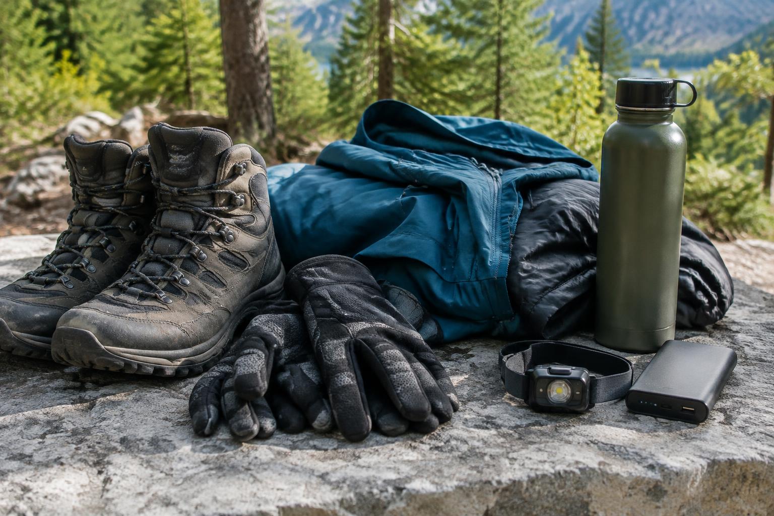 Hiking boots, gloves, jacket, water, headlamp and power bank