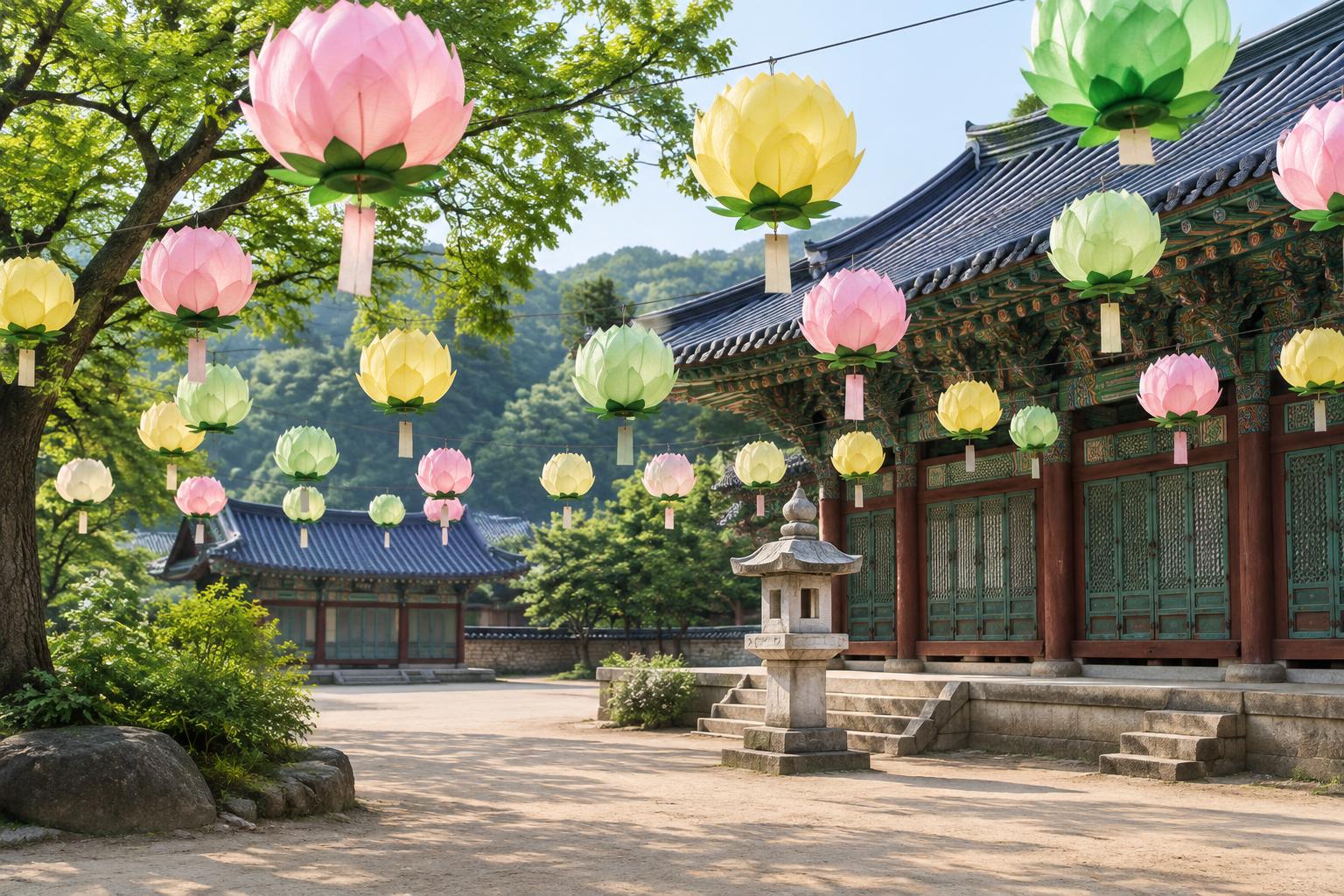 Lotus lanterns in pink, yellow and green