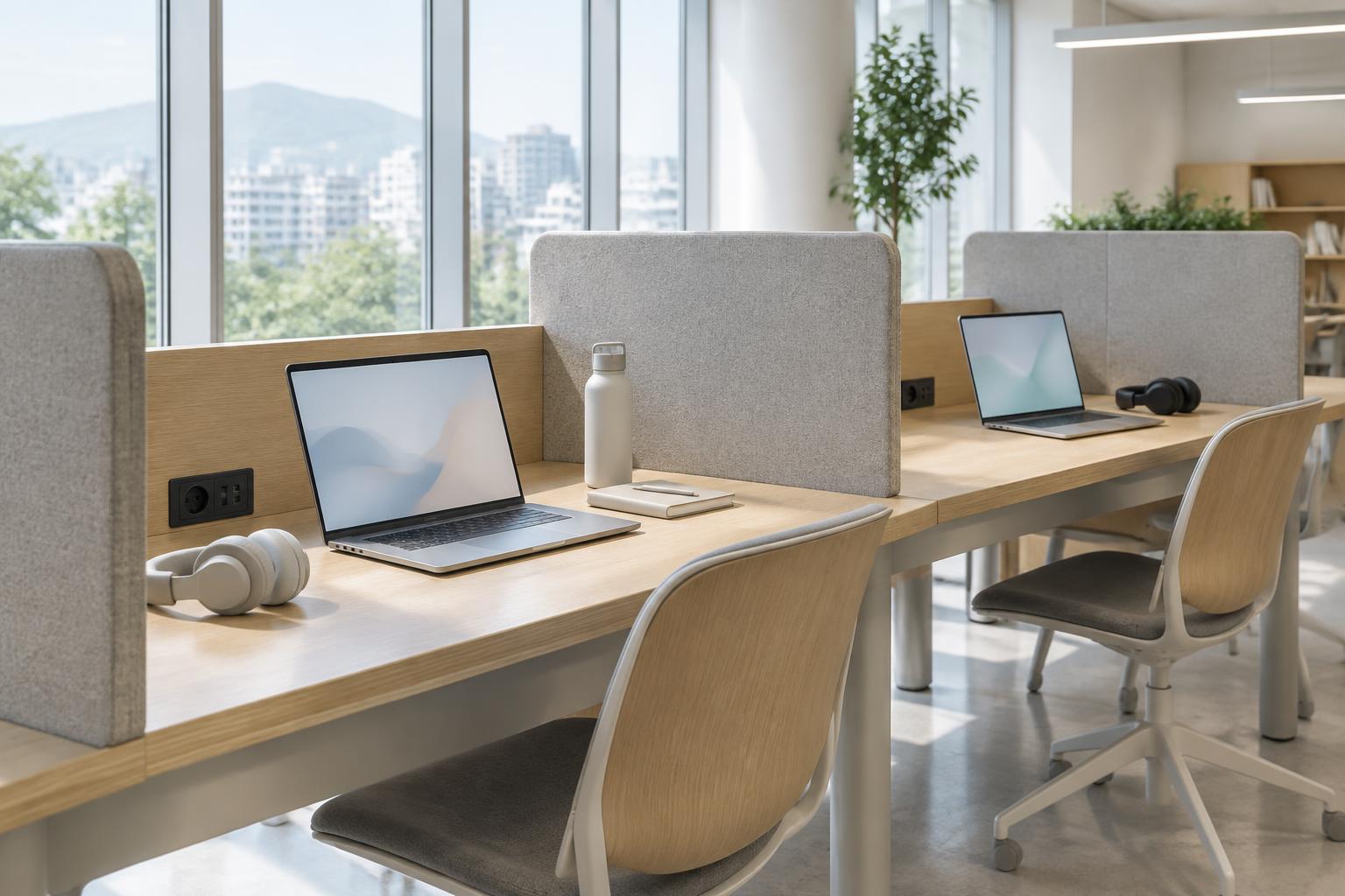Shared laptop workspace with power sockets, headphones and separate desk partitions