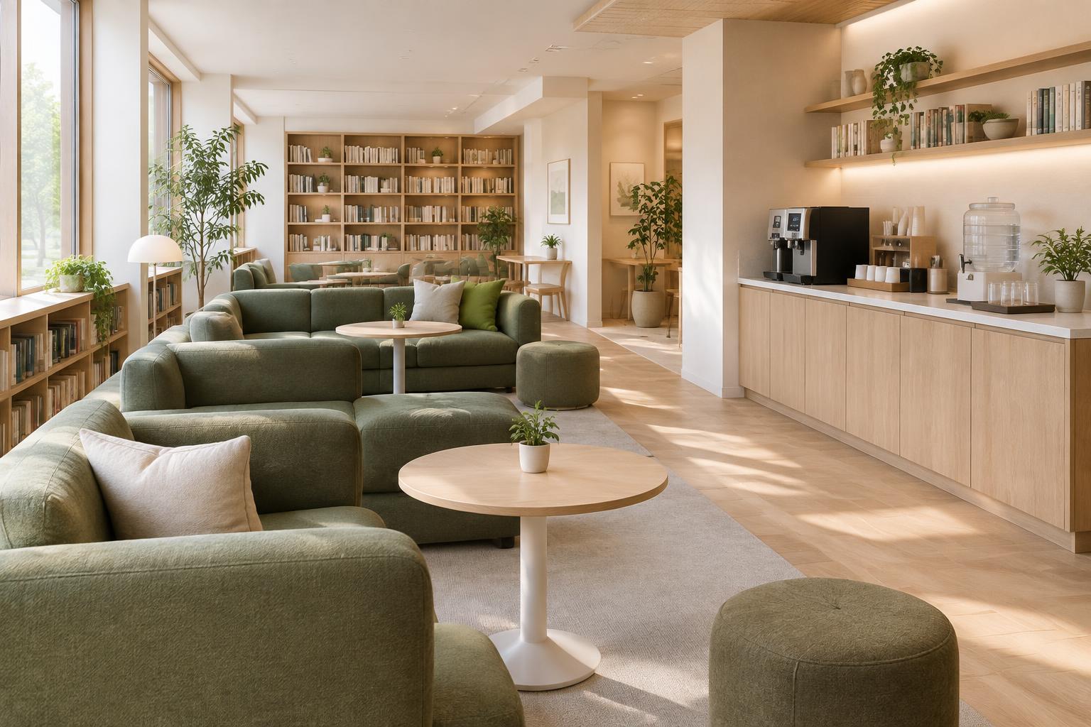 Comfortable study-space break lounge with green sofas and a self-service drinks counter