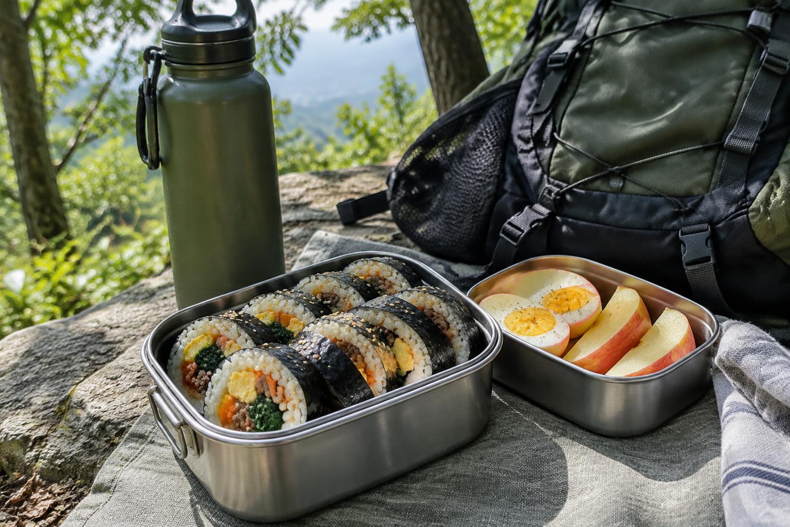 Gimbap, eggs, fruit and water packed for a hiking lunch