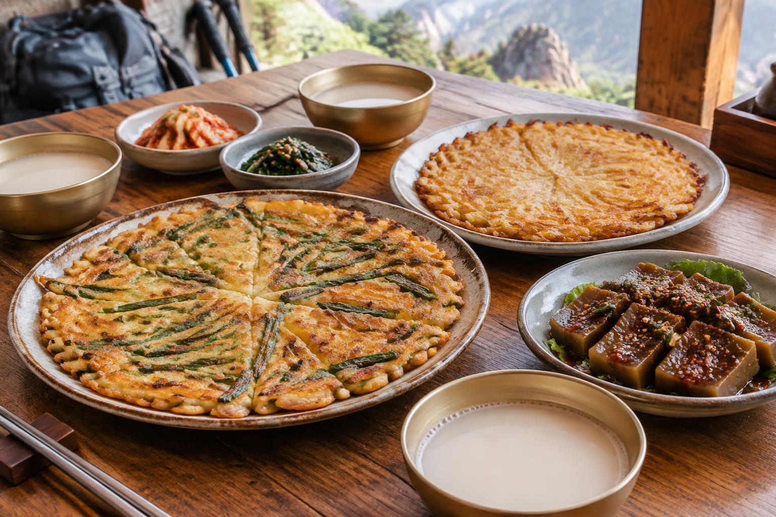 Pajeon, potato pancake, acorn jelly and makgeolli on a restaurant table