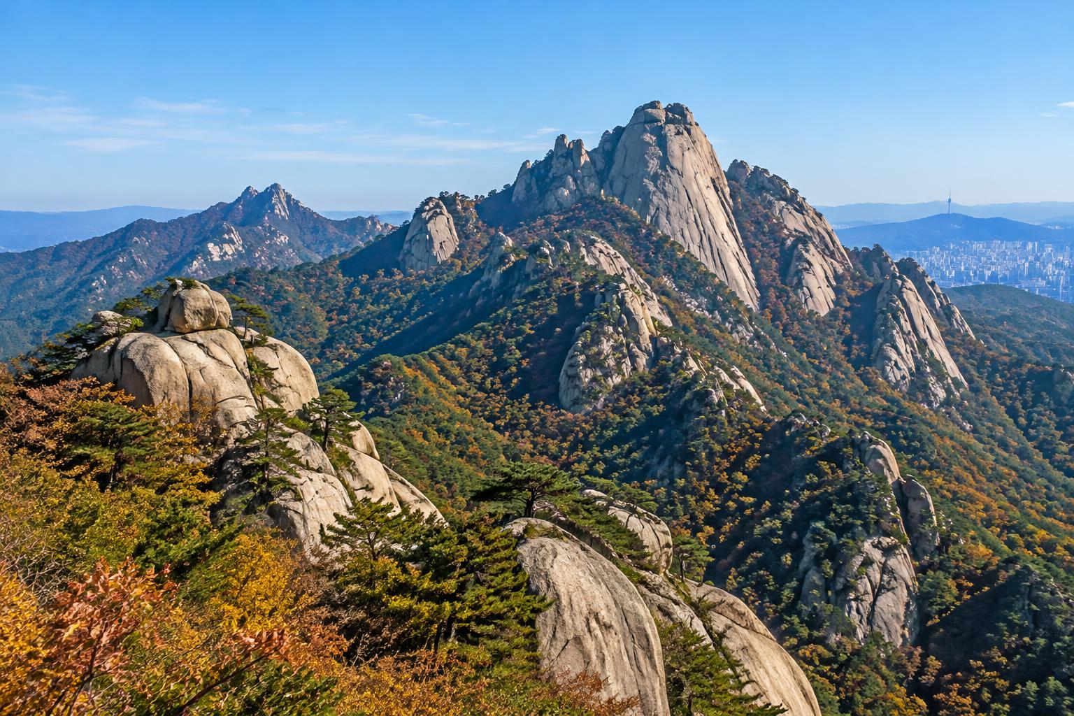 Granite mountain skyline above autumn woodland and a distant city