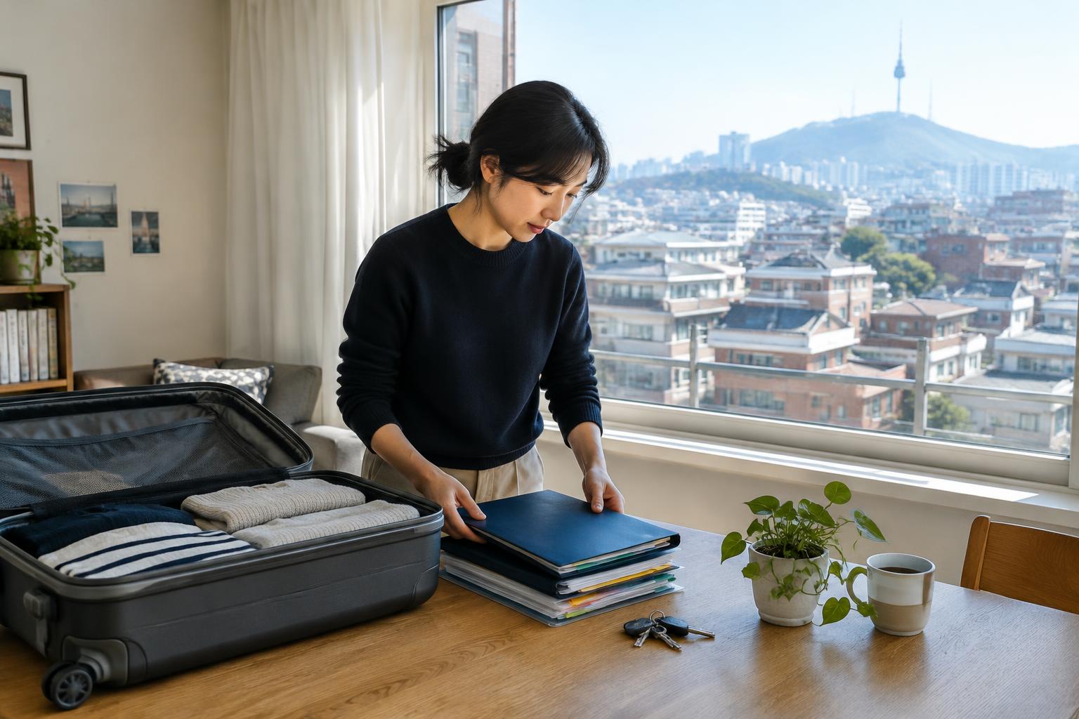 A teacher organising a document folder and suitcase in a Seoul apartment