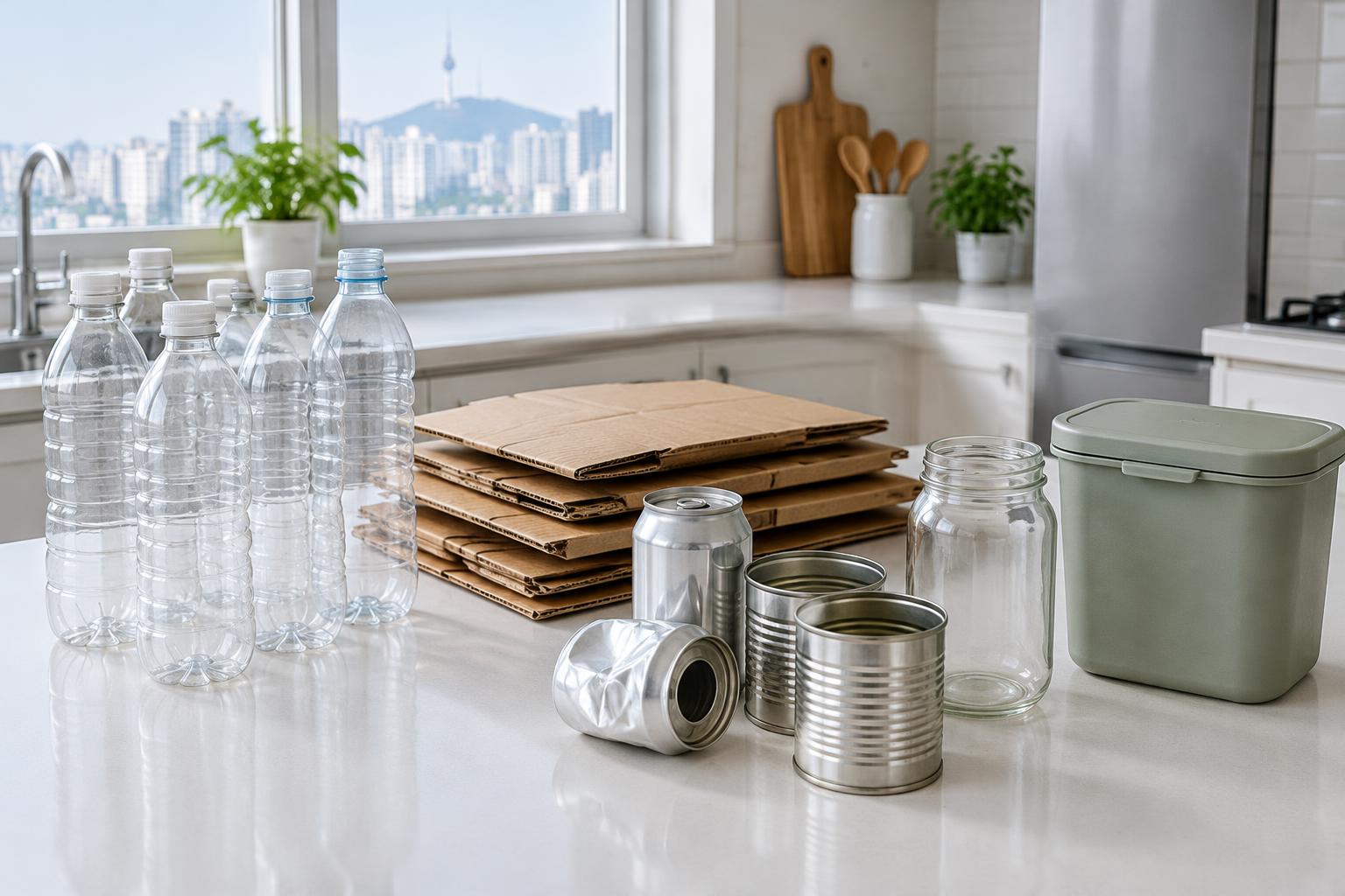 Kitchen scene with clean plastic bottles, flattened cardboard, metal cans, a glass jar and a closed food-waste container