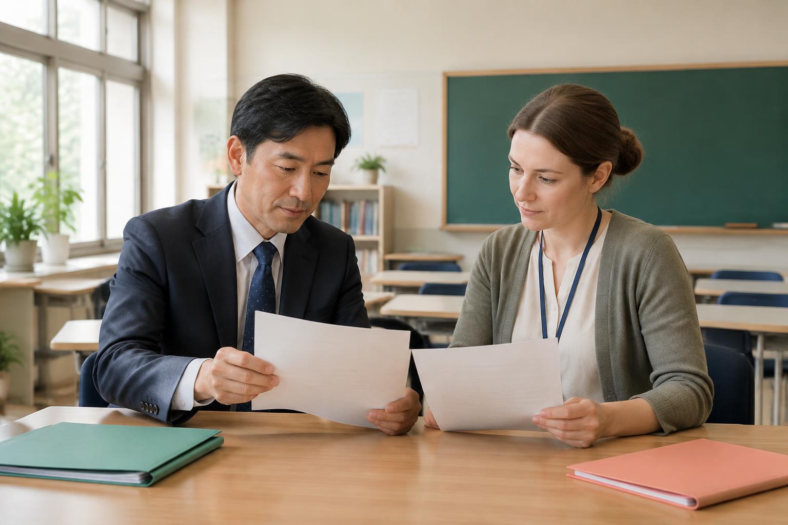 A teacher and school administrator reviewing paperwork together