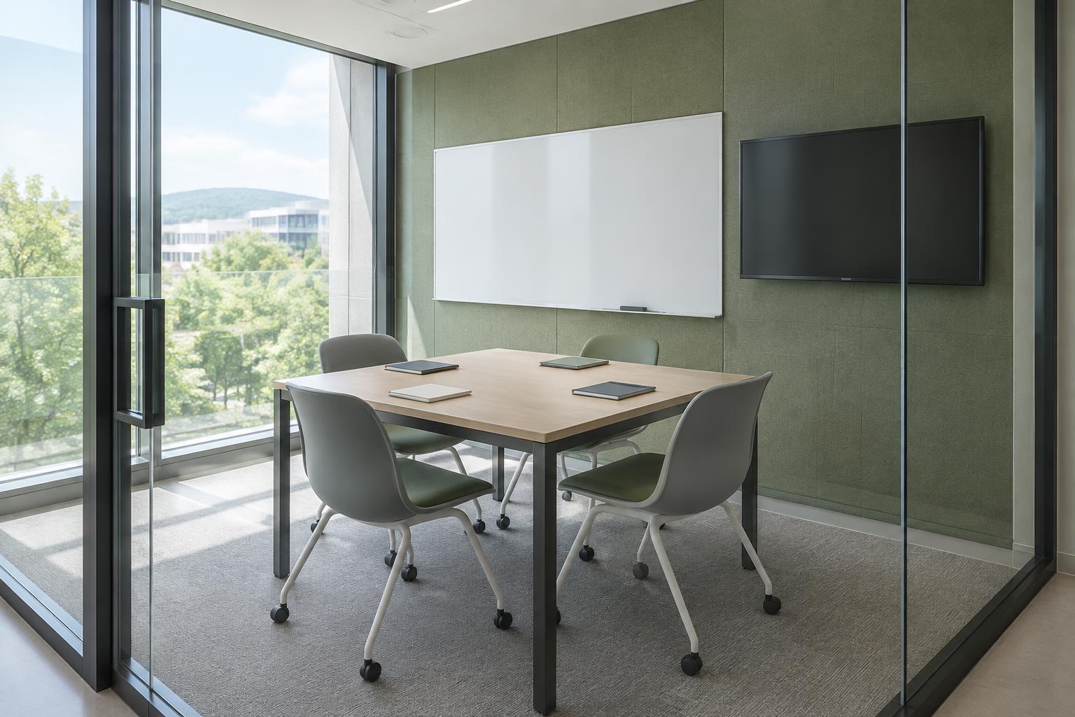 Glass-enclosed group room with four chairs, a whiteboard and monitor