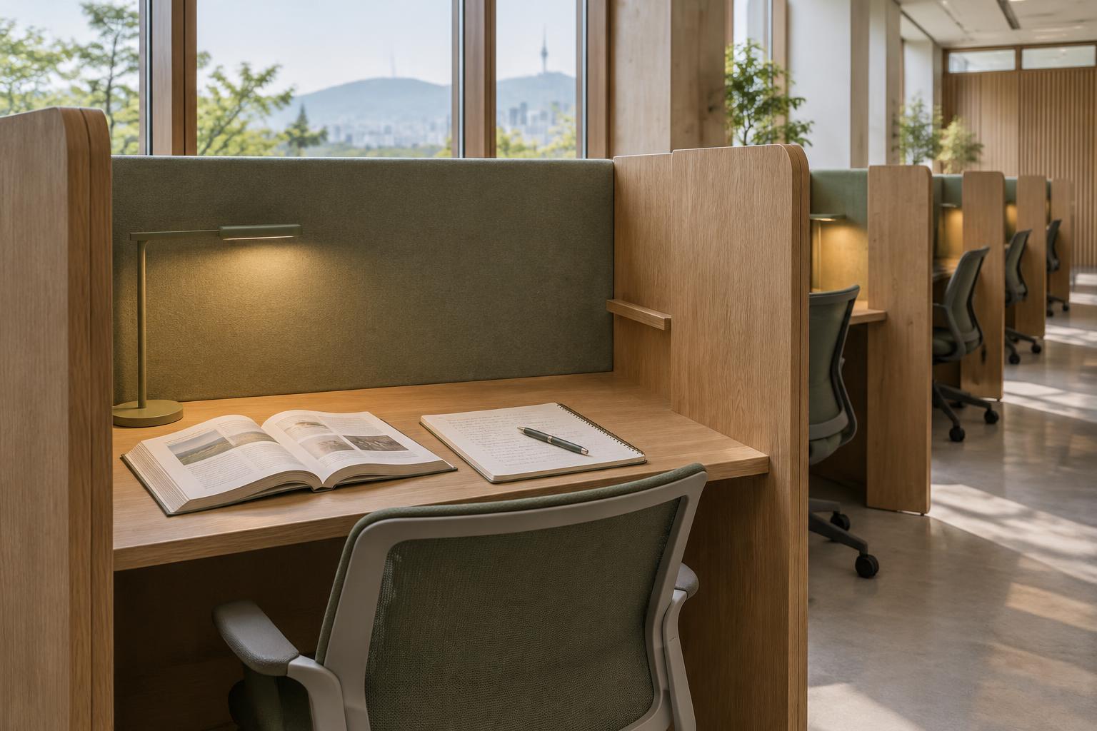 Partitioned focus desk with a book, notebook and lamp, without a laptop