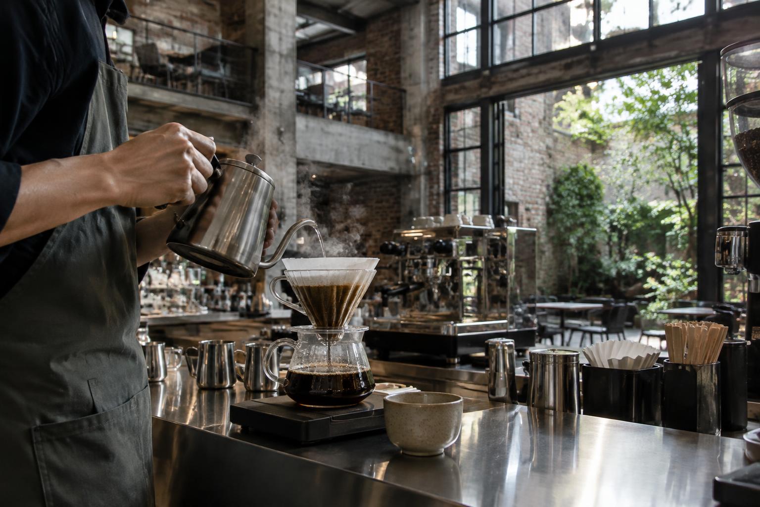 Barista pouring hand-drip coffee in an industrial-style coffee space with large windows