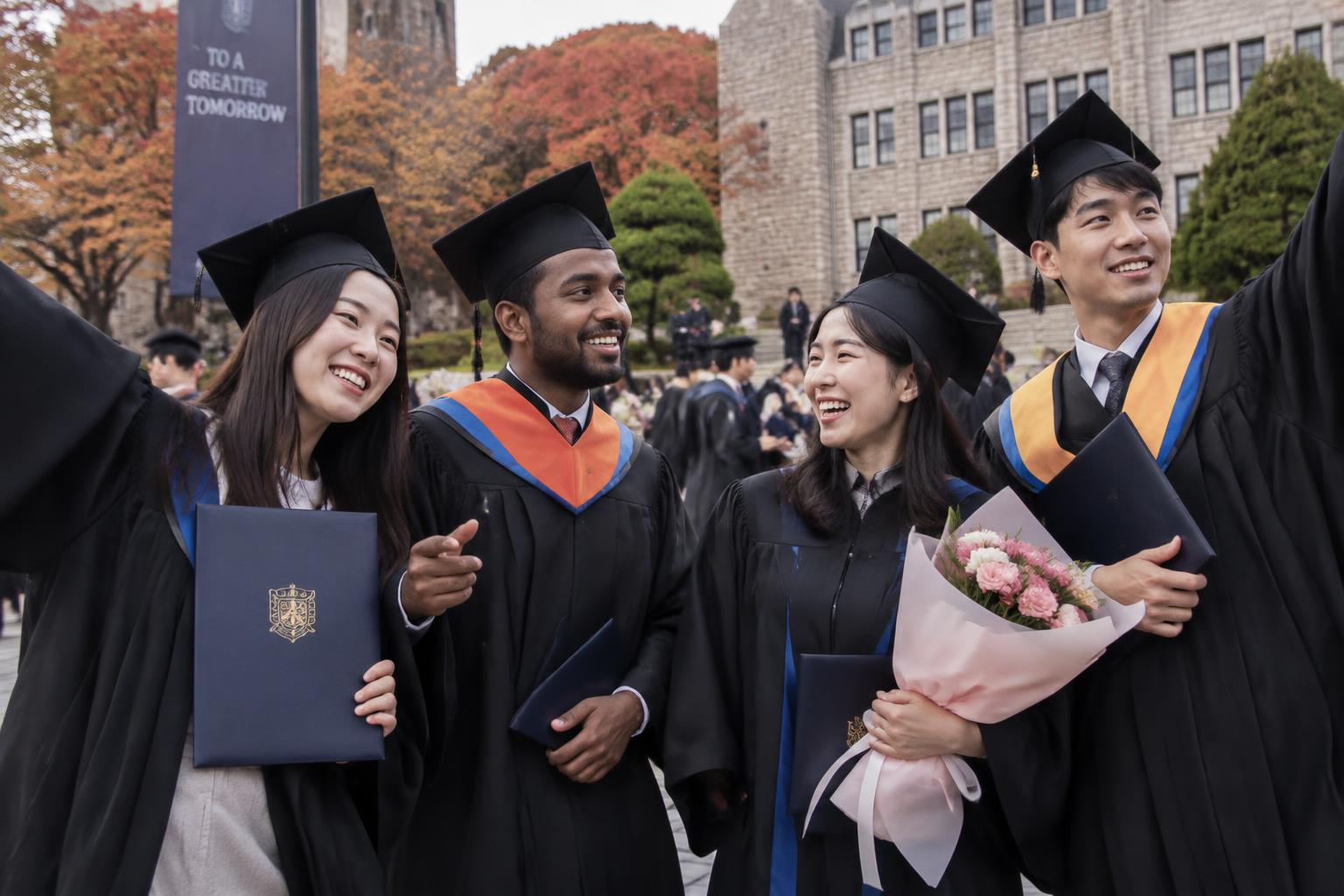 International graduates in caps and gowns celebrating on a Seoul university campus in autumn
