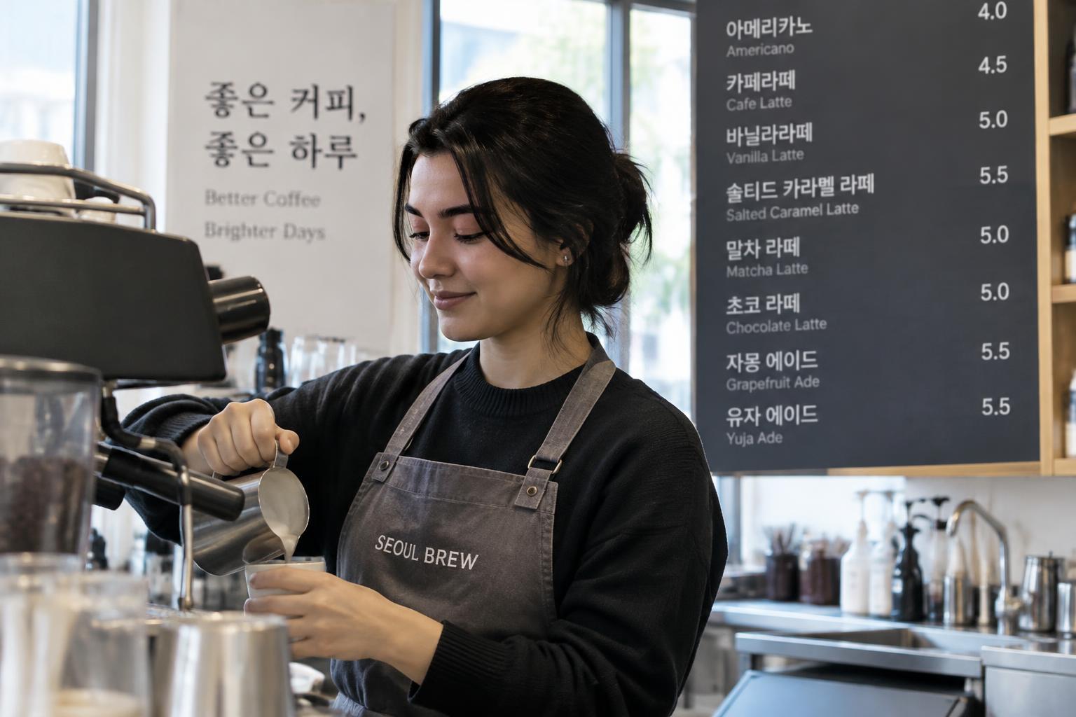 A student working a part-time barista shift in a bright Seoul café, pouring milk beneath a Korean menu board