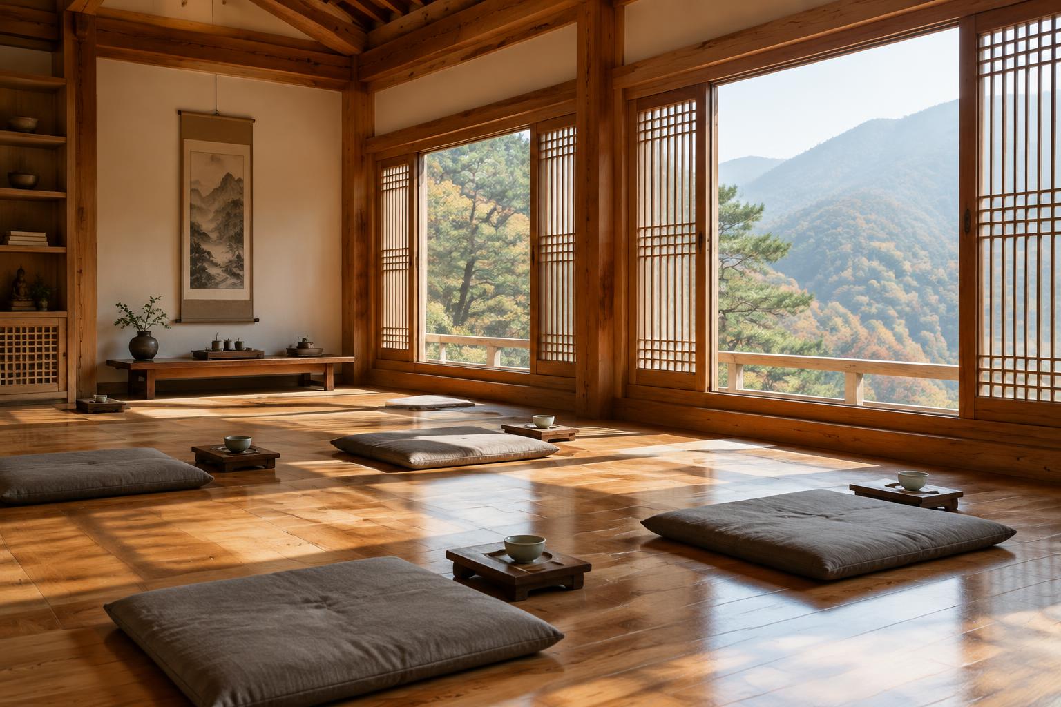 Quiet temple room with floor cushions and forest-view windows