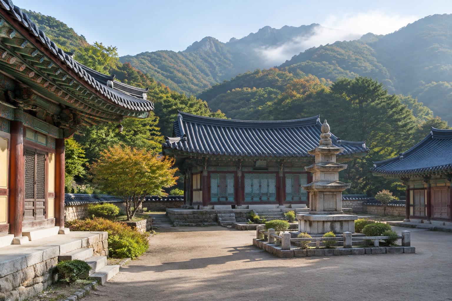 Korean mountain temple courtyard with a stone pagoda and tiled halls