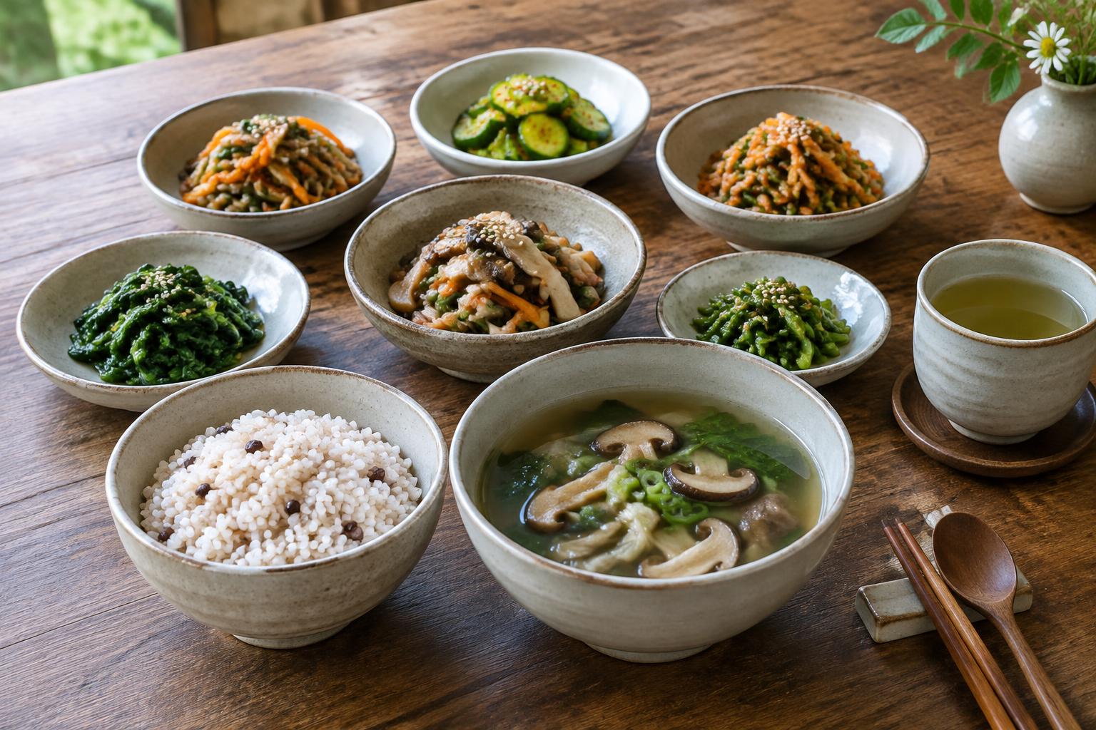 Vegetarian Korean temple meal with rice vegetables soup and tea