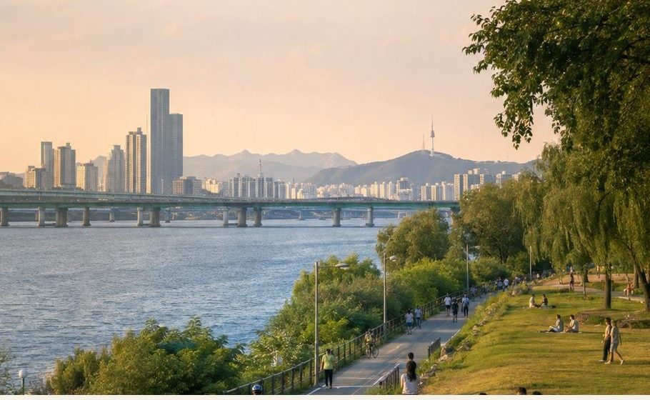 Hangang riverside park at sunset with the Seoul skyline and N Seoul Tower